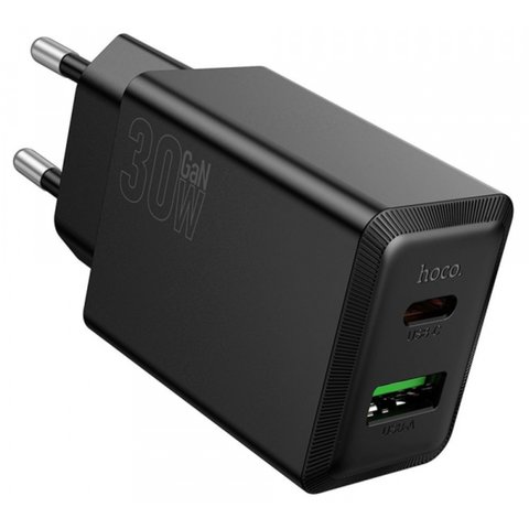 Мережевий зарядний пристрій Hoco N71, 30 Вт, Quick Charge, Power Delivery (PD), чорний, 2 порта, gan, #6942007651370 Прев'ю 1