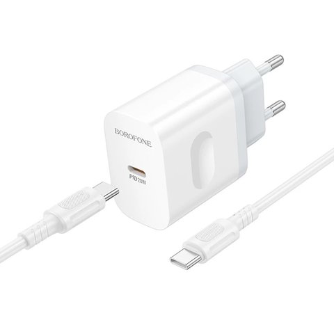 Мережевий зарядний пристрій Borofone BA99A, 20 Вт, Power Delivery (PD), білий, з кабелем USB тип-C до USB тип-C, 1 порт, #6941991121371 Прев'ю 1