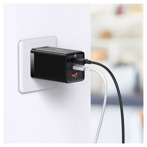 Adaptador de red Baseus GaN5 Pro, 65 W, Quick Charge, negro, con cable USB tipo C - USB tipo C, 3 puertos, #CCGP120201 Vista previa  2