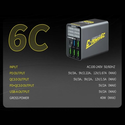 Мережевий зарядний пристрій Mechanic C-Power 6C, 40 Вт, Quick Charge, Power Delivery (PD), 6 портів Прев'ю 1